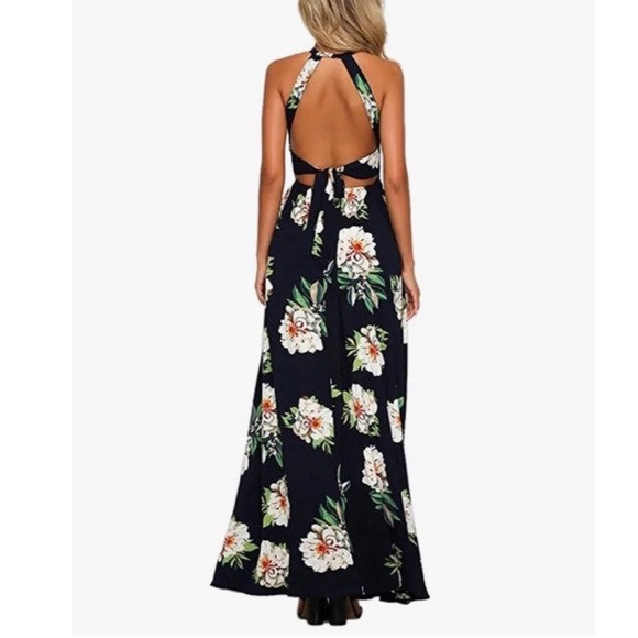 Halter Neck Floral Print Open Back Maxi Dress with Crochet Details & Front Slit - Picture 4 of 11